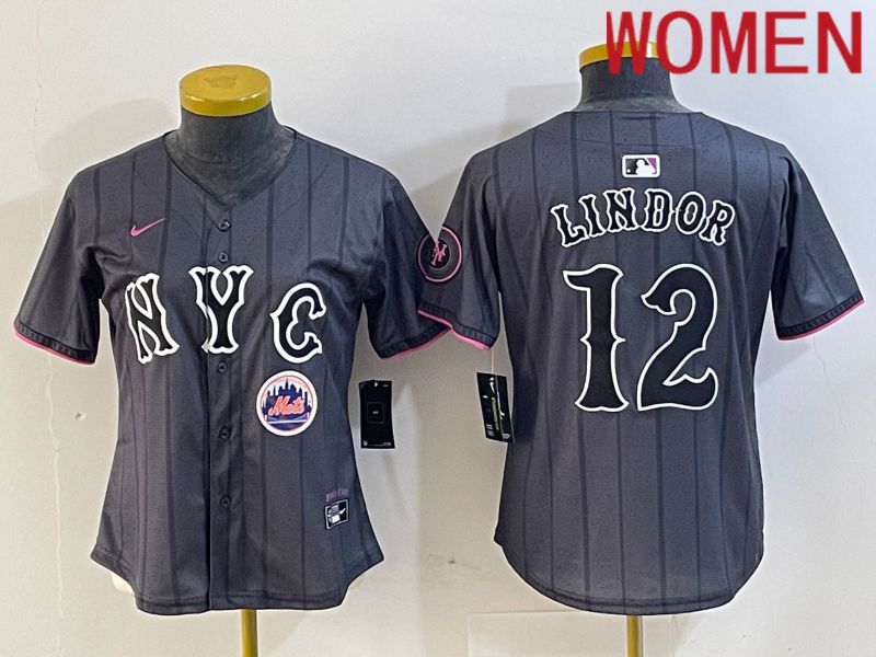 Women New York Mets 12 Lindor Black City Edition 2024 Nike MLB Jersey style 2